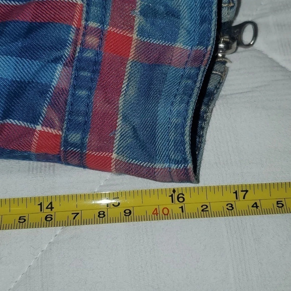 Vintage 90's Denim and Plaid Zip Up Midweight Reversible Coat w Zipper Sleeves - Picture 14 of 16